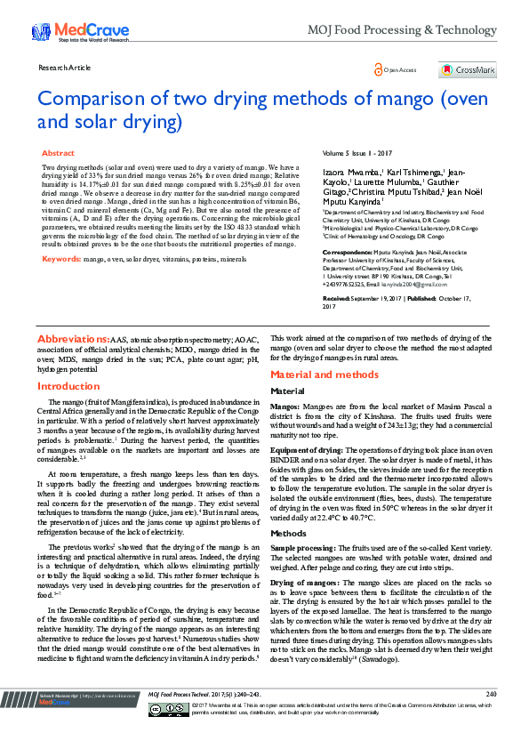 (PDF) Comparison of Two Drying Methods of Mango (Oven and Solar Drying)