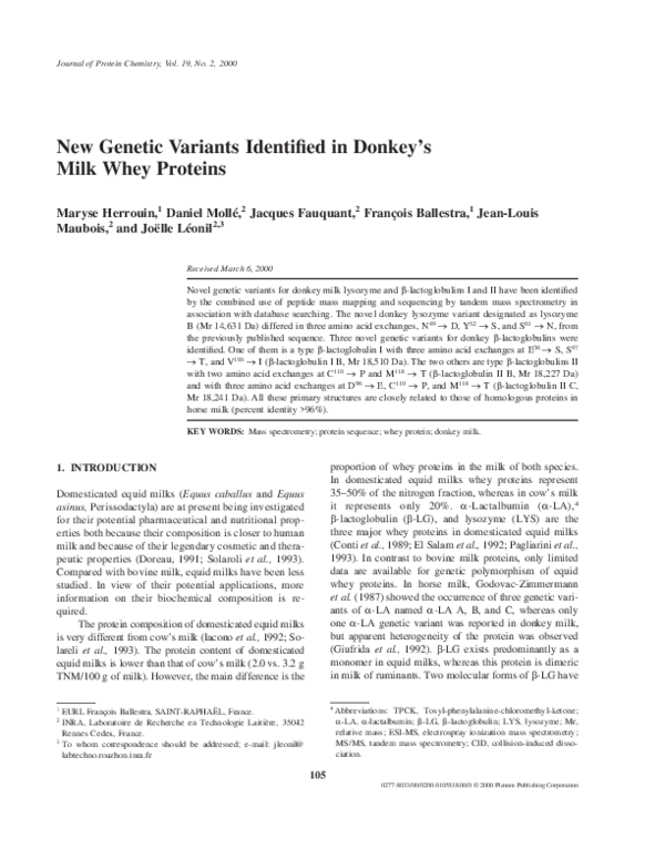 (PDF) New Genetic Variants Identified in Donkey's Milk Whey Proteins