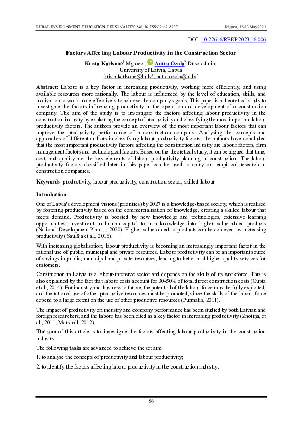(PDF) Factors Affecting Labour Productivity in the Construction Sector