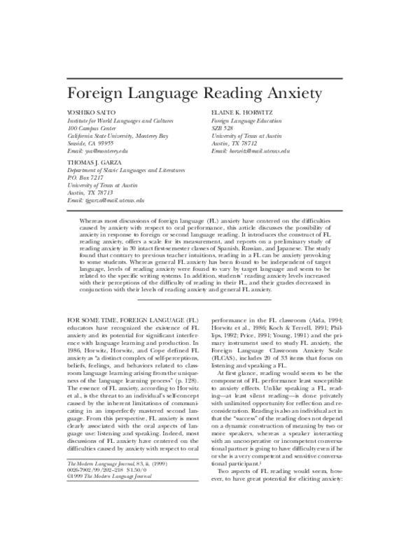PDF) Foreign Language Reading Anxiety