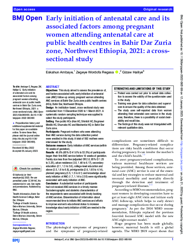 (PDF) Early initiation of antenatal care and its associated factors ...