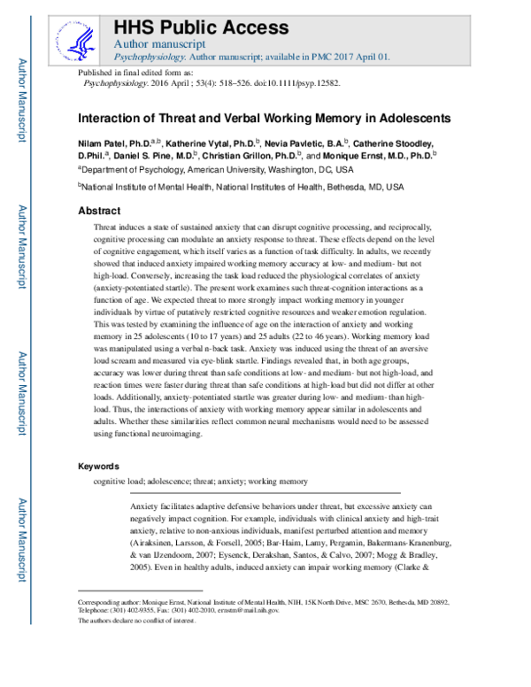 (PDF) Interaction of threat and verbal working memory in adolescents