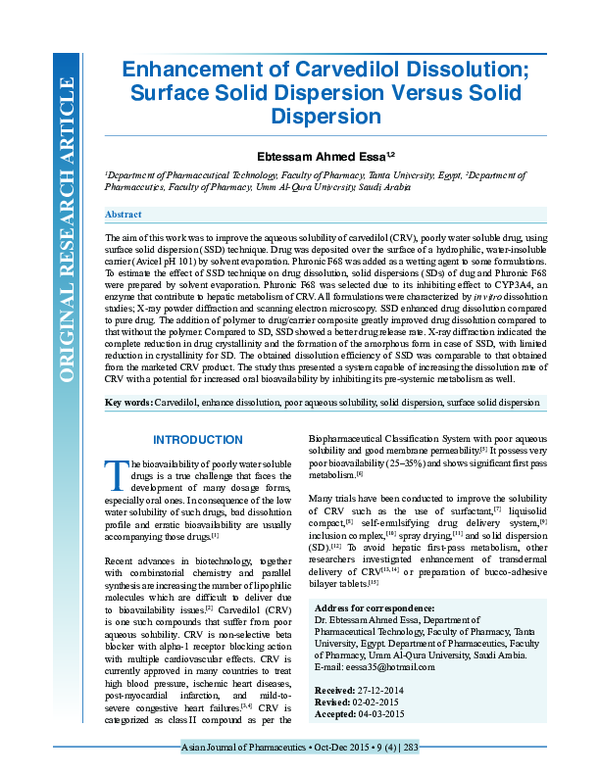 (PDF) Enhancement of Carvedilol Dissolution; Surface Solid Dispersion ...