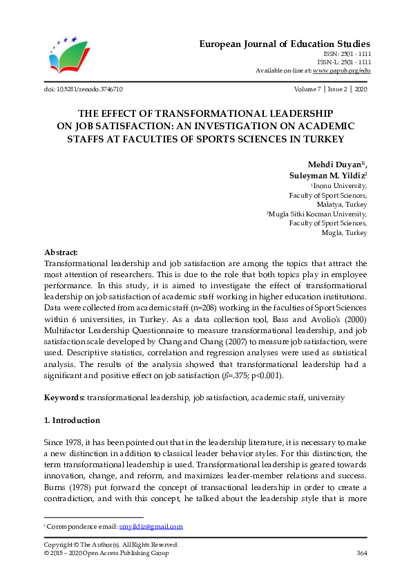 (PDF) The Effect of Transformational Leadership on Job Satisfaction: An ...