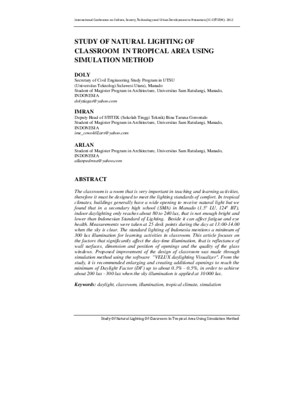 (PDF) STUDY OF NATURAL LIGHTING OF CLASSROOM IN TROPICAL AREA USING ...