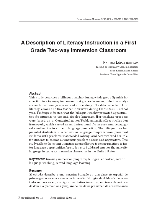 (PDF) A Description of Literacy Instruction in a First Grade Two-way ...