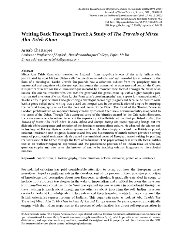 (PDF) Writing Back Through Travel: A Study of The Travels of Mirza Abu ...