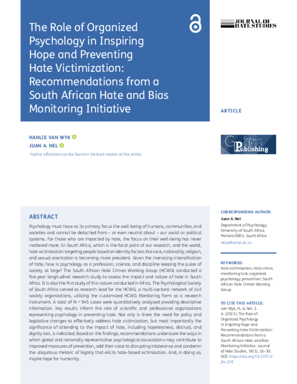 (PDF) The Role of Organized Psychology in Inspiring Hope and Preventing ...