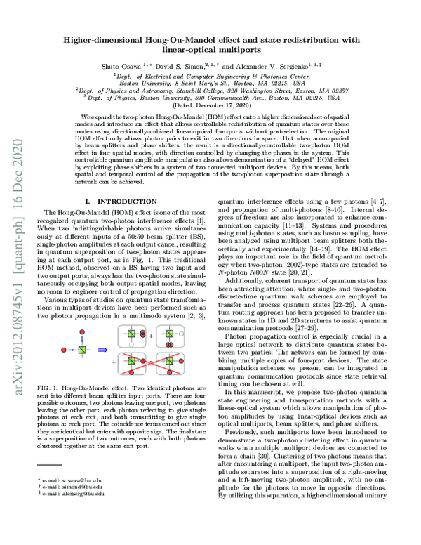 (PDF) Higher-dimensional Hong-Ou-Mandel effect and state redistribution ...
