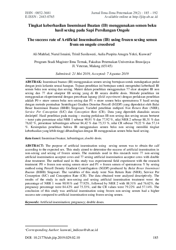 (PDF) Tingkat keberhasilan Inseminasi Buatan (IB) menggunakan semen