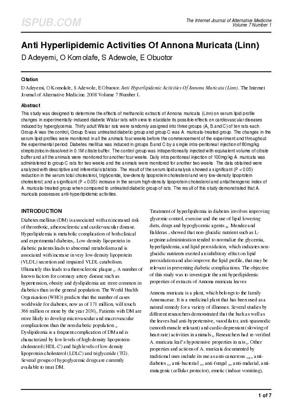 (PDF) Anti Hyperlipidemic Activities Of Annona Muricata (Linn)