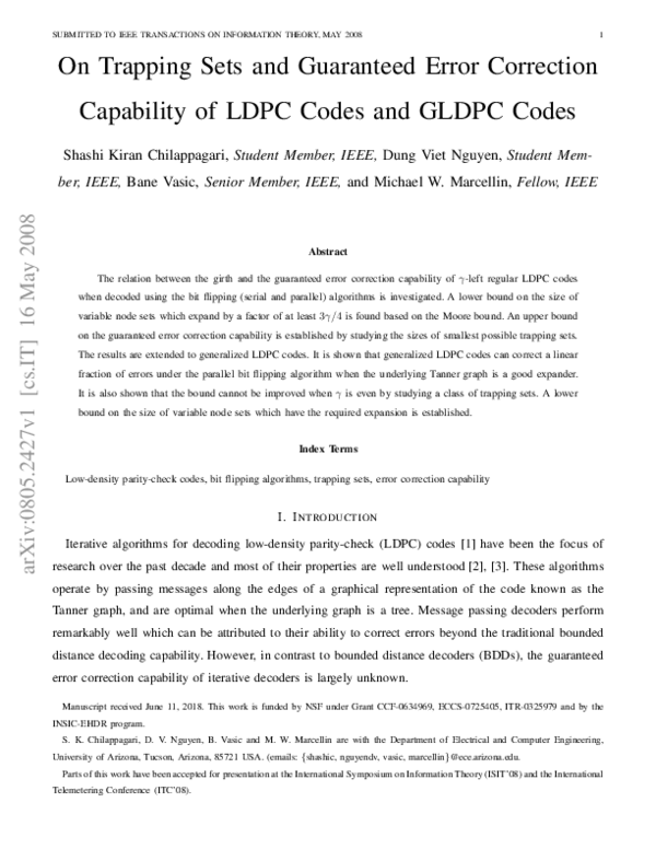 (PDF) On Trapping Sets and Guaranteed Error Correction Capability of ...