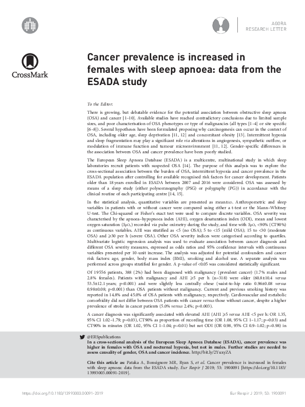 (PDF) Cancer prevalence is increased in females with sleep apnoea: data ...