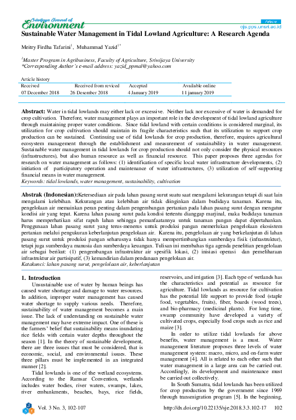 (PDF) Sustainable Water Management in Tidal Lowland Agriculture: A ...