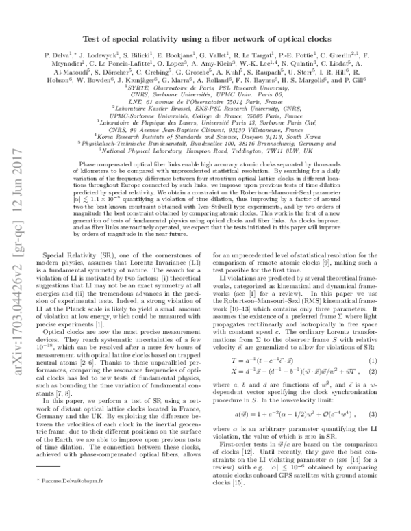 (PDF) Test of Special Relativity Using a Fiber Network of Optical Clocks