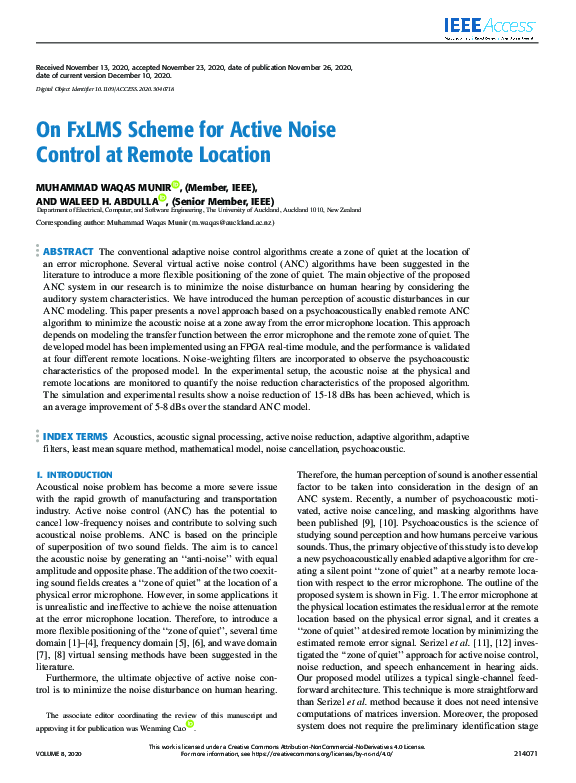 (PDF) On FxLMS Scheme for Active Noise Control at Remote Location