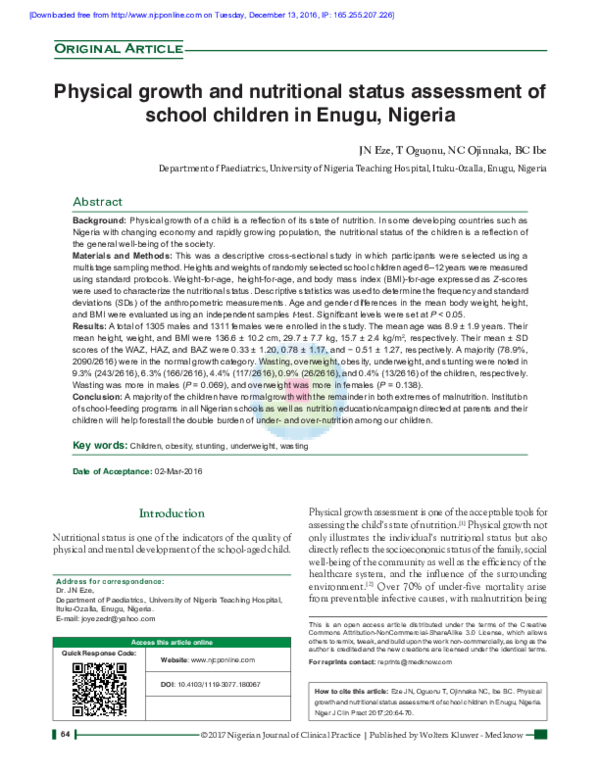 (PDF) Physical growth and nutritional status assessment of school ...