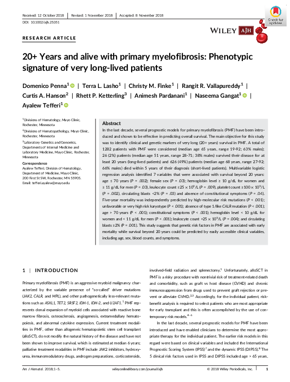 (PDF) 20+ Years and alive with primary myelofibrosis: Phenotypic ...
