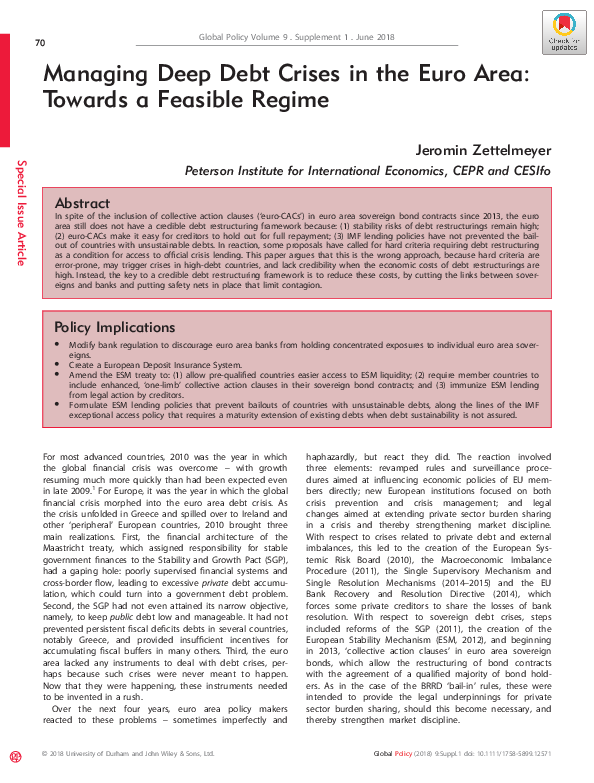 (PDF) Managing Deep Debt Crises in the Euro Area: Towards a Feasible Regime