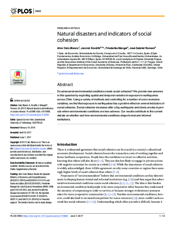(PDF) Natural disasters and indicators of social cohesion