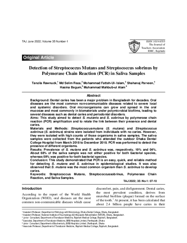 (PDF) Detection of Streptococcus Mutans and Streptococcus sobrinus by ...