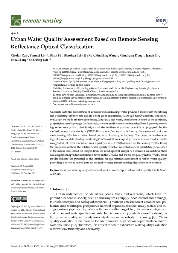 (PDF) Urban Water Quality Assessment Based on Remote Sensing ...