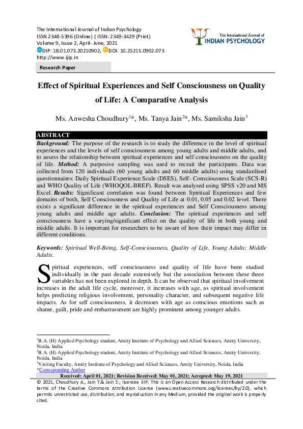 (PDF) Effect of Spiritual Experiences and Self Consciousness on Quality ...