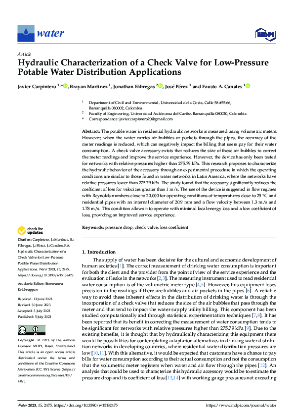 (PDF) Hydraulic Characterization of a Check Valve for Low-Pressure ...
