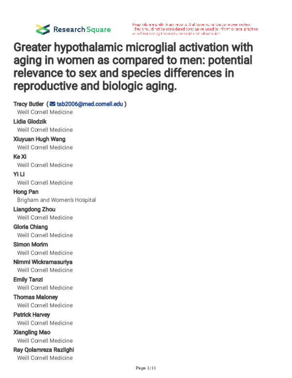 (PDF) Greater hypothalamic microglial activation with aging in women as ...