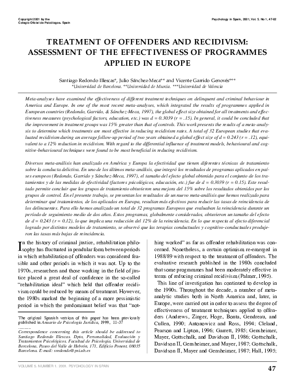 (PDF) Treatment of offenders and recidivism: Assessment of the ...