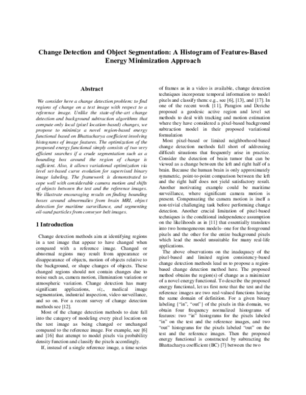 (PDF) Change Detection and Object Segmentation: A Histogram of Features ...