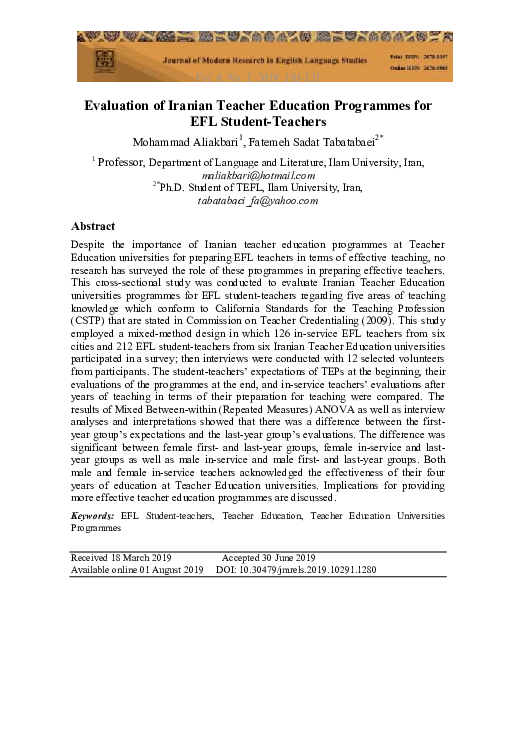 (PDF) Evaluation of Iranian Teacher Education Programs for EFL Student ...