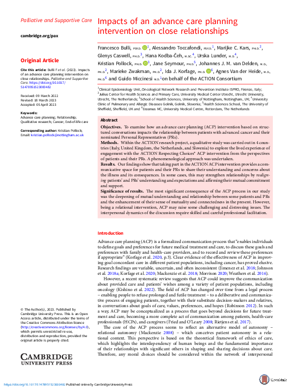 (PDF) Impacts of an advance care planning intervention on close ...