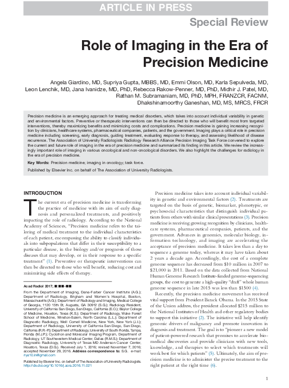 (PDF) Role of Imaging in the Era of Precision Medicine