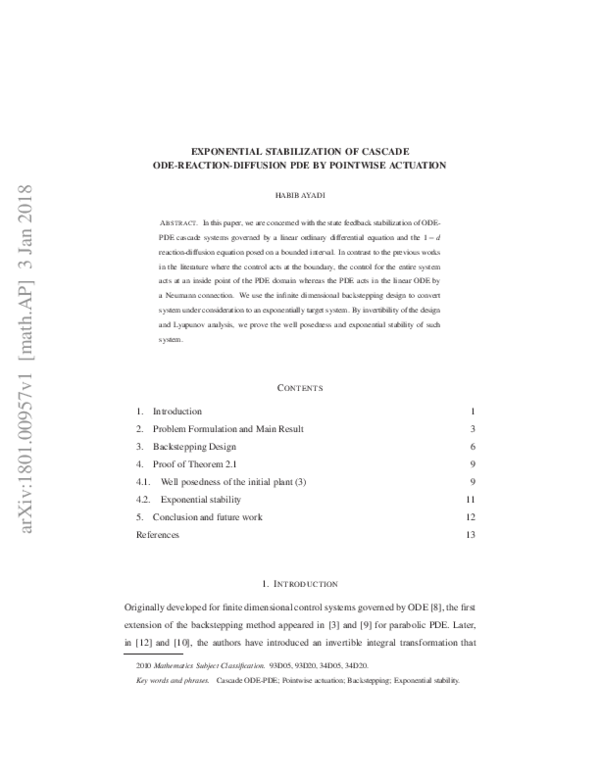(PDF) Exponential stabilization of cascade ode-reaction-diffusion pde ...