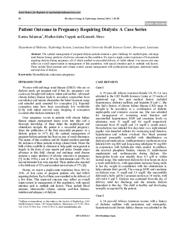 (PDF) Patient Outcome in Pregnancy Requiring Dialysis: A Case Series