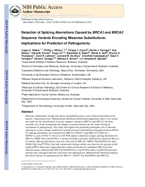 (PDF) Detection of splicing aberrations caused by BRCA1 and BRCA2 ...