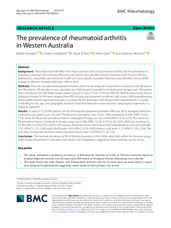 (PDF) The prevalence of rheumatoid arthritis in Western Australia