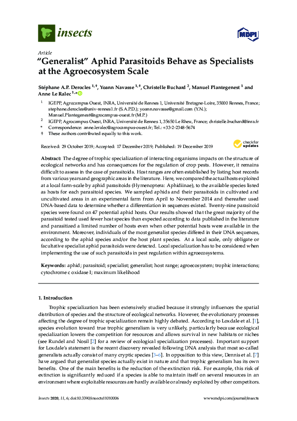 (PDF) “Generalist” Aphid Parasitoids Behave as Specialists at the ...