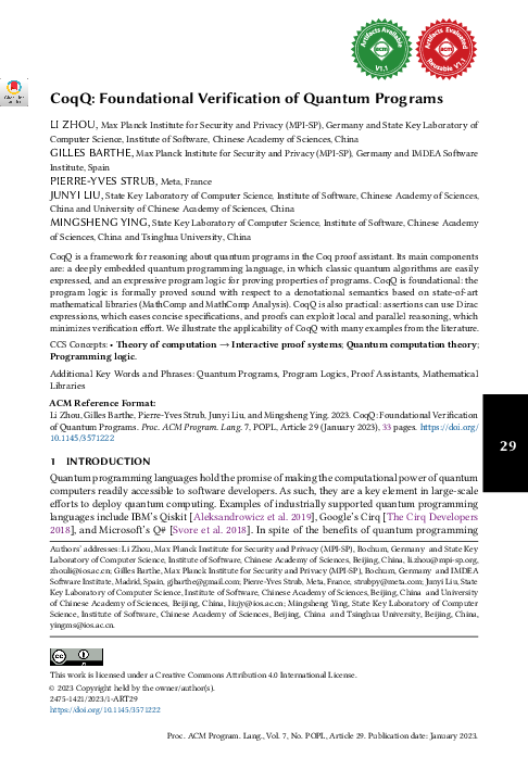 (PDF) CoqQ: Foundational Verification of Quantum Programs