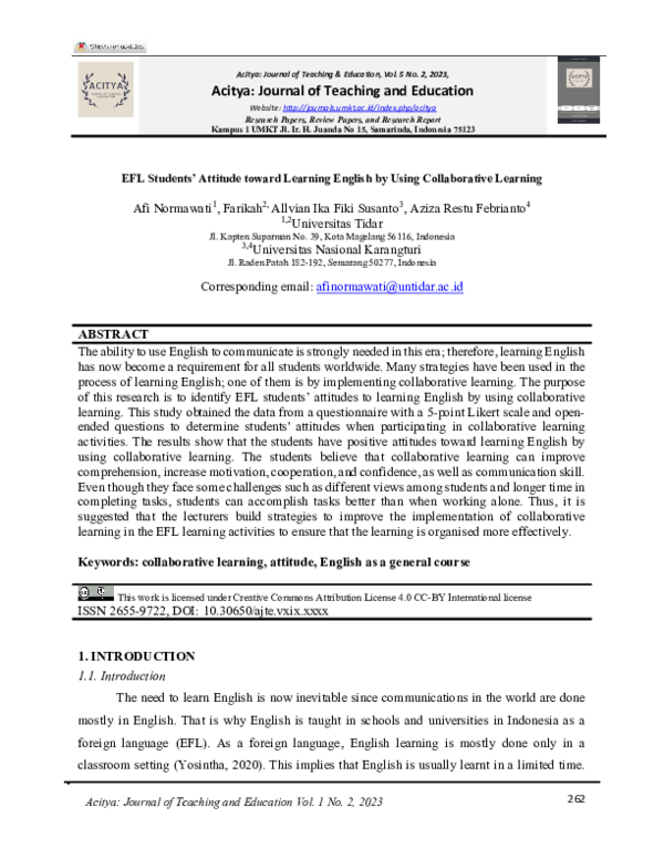 (PDF) EFL Students’ Attitude toward Learning English by Using ...