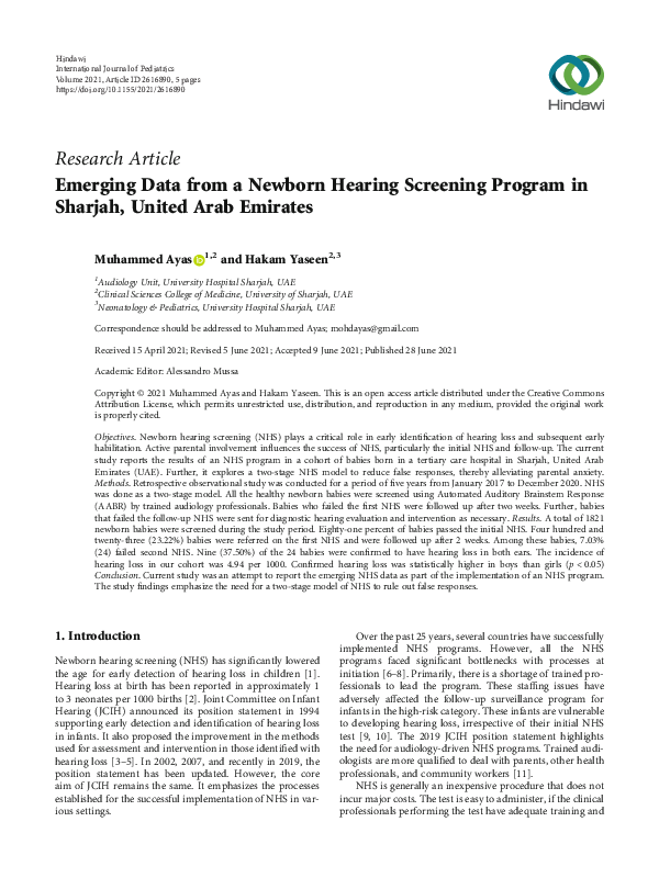(PDF) Emerging Data from a Newborn Hearing Screening Program in Sharjah ...