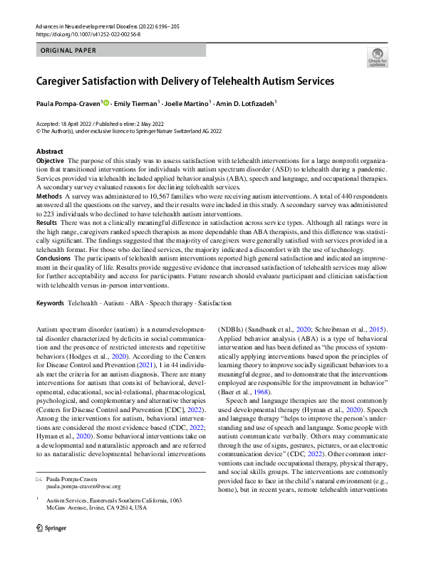 (PDF) Caregiver Satisfaction with Delivery of Telehealth Autism Services