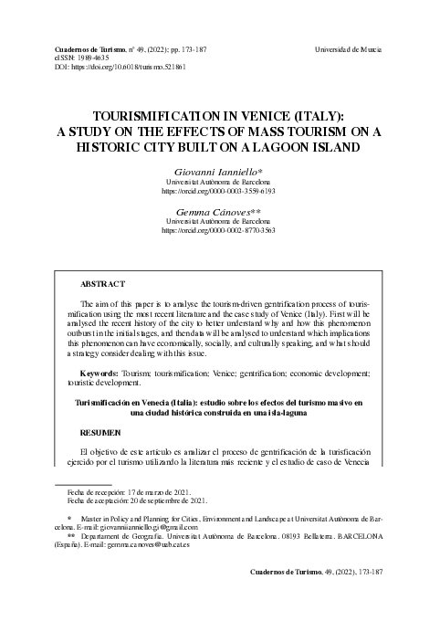 (PDF) Tourismification in Venice (Italy): A Study on the Effects of ...