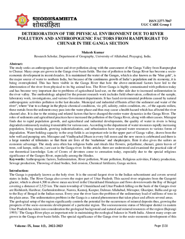 (PDF) DETERIORATION OF THE PHYSICAL ENVIRONMENT DUE TO RIVER POLLUTION ...