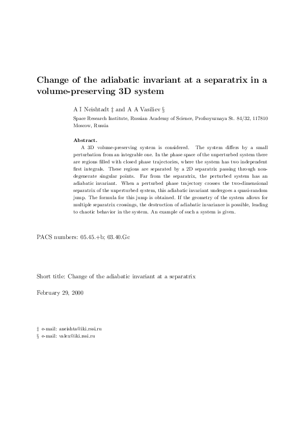 (PDF) Change of the adiabatic invariant at a separatrix in a volume ...