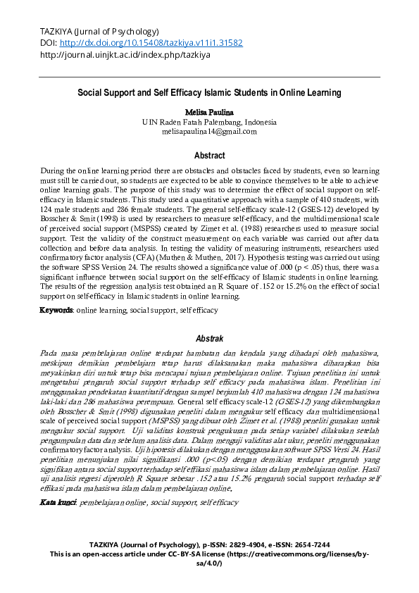 (PDF) Social Support and Self Efficacy Islamic Students in Online Learning