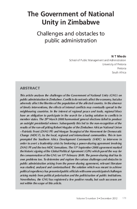 (PDF) The Government of National Unity in Zimbabwe : challenges and ...