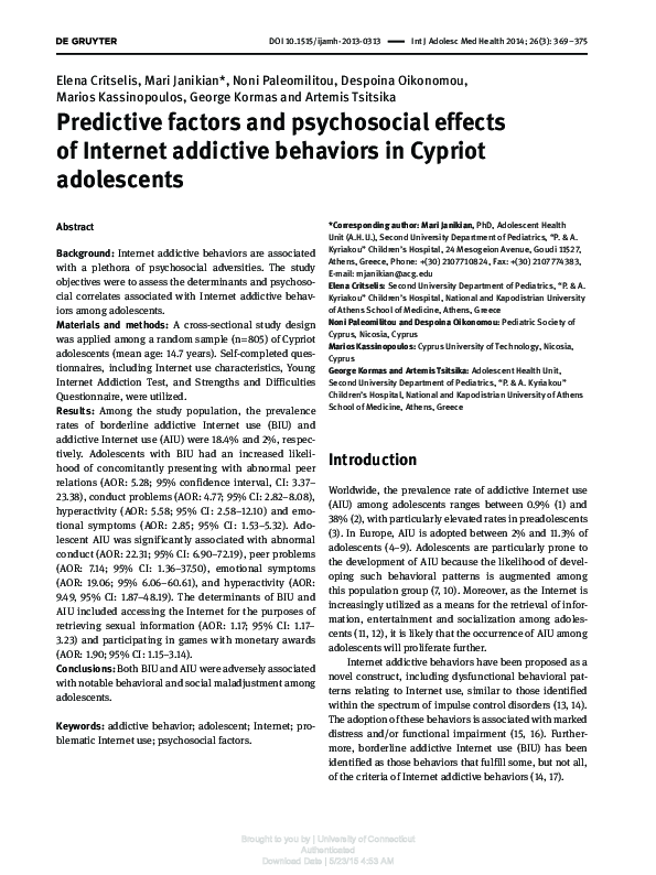 (PDF) Predictive factors and psychosocial effects of Internet addictive ...