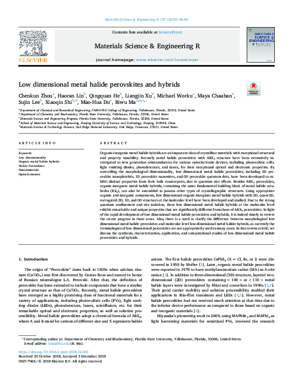 (PDF) Low dimensional metal halide perovskites and hybrids